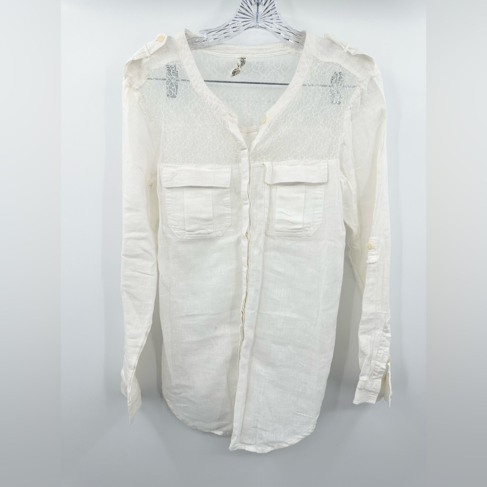 Free People Women's White Linen/Cotton Button‎ Down Lace Details Size Small